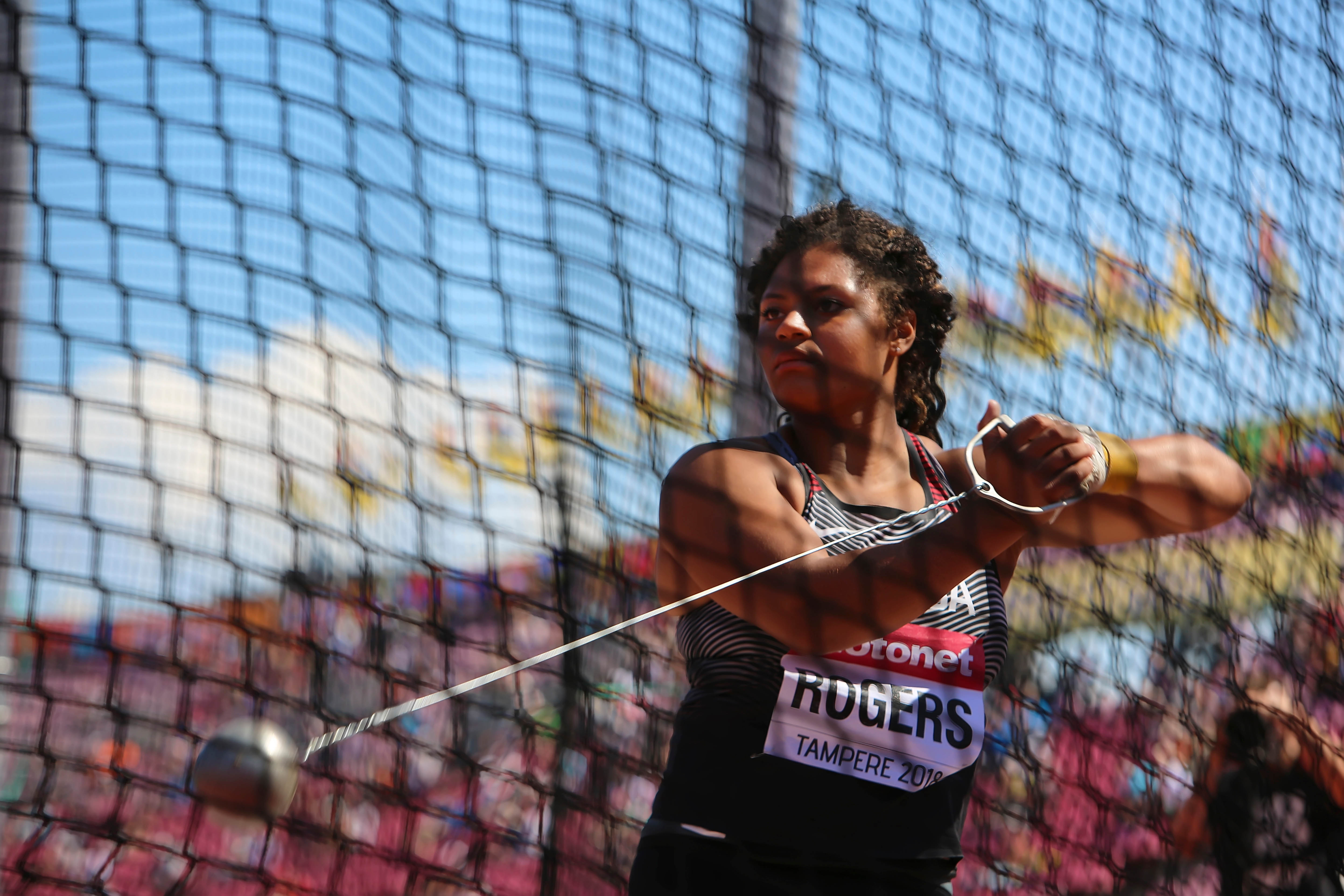Canadian gold medal hammerthrow champion Camryn Rogers throwing the hammer at a competition Canadian gold medal hammerthrow champion Camryn Rogers throwing the hammer at a competition